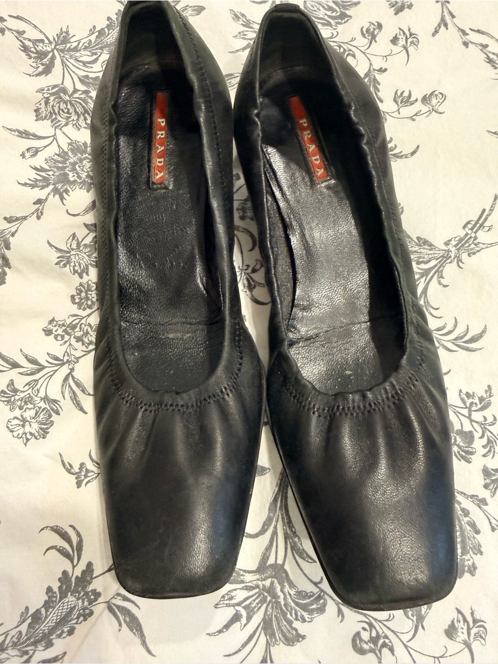 Prada Black Leather Square-Toe Ballet heels